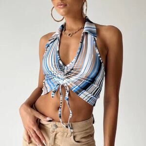 princess polly | enmore blue halter striped collared crop top sz 6